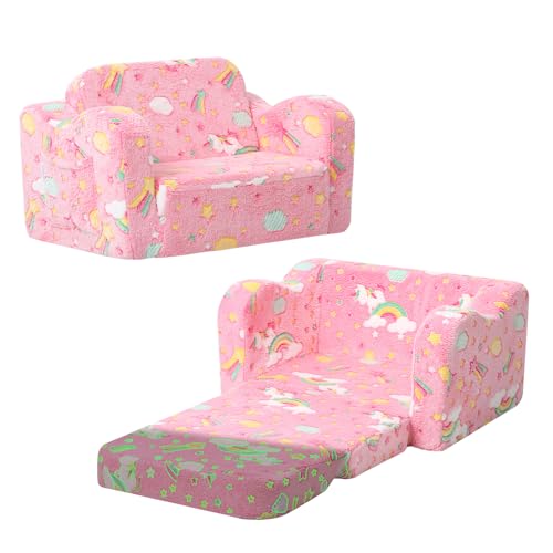 Image of MeMoreCool Folding Toddler Chair, Glow-in-The-Dark Soft Plush Kids Fold-Out Couch Sofa, Comfy Baby Recliner for Girls and Boys (Pink Rainbow)