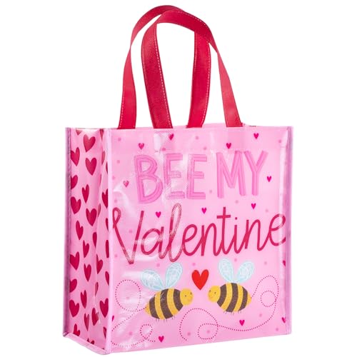 Loveinside Bolsa de presente reutilizável para o Dia dos Namorados, design Pink Bee My Valentine com abelhas fofas, bolsa de presente média reciclada para casamento, aniversário, celebrações