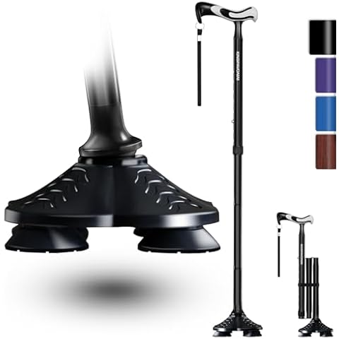 KingPavonini Walking Cane for Men Women Stability, Free Standing Foldable Cane, Ergonomic Handle Pivoting Quad Base, Heavy Duty 350 LBs, Adjustable Walking Canes for Seniors Balance with Travel Bag Cover