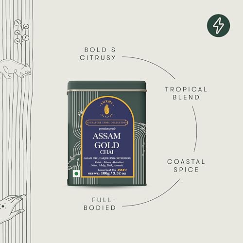 Image of Luxmi Estates Assam Gold Chai | 100 gm | Signature India Collection | Black Tea Collection | Strong CTC Black Tea | Antioxidants | Assam Valley | Cardamom, Saffron, Cinnamon, Natural Cardamom Extract