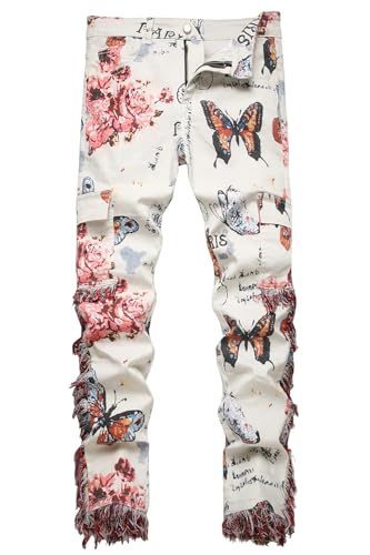 Men's Casual Slim Fit Butterfly Flower Printed Jeans Skinny Cargo Pants Trousers,866 White,Size 30