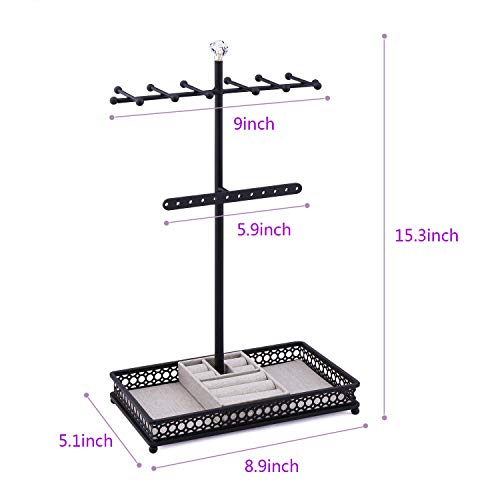 Minggoo Jewelry Tree Stand Organizer 3in1 Necklace Organizer Display Bracelet Earrings and Ring Tray Jewelry Holder Hanger Metal Black