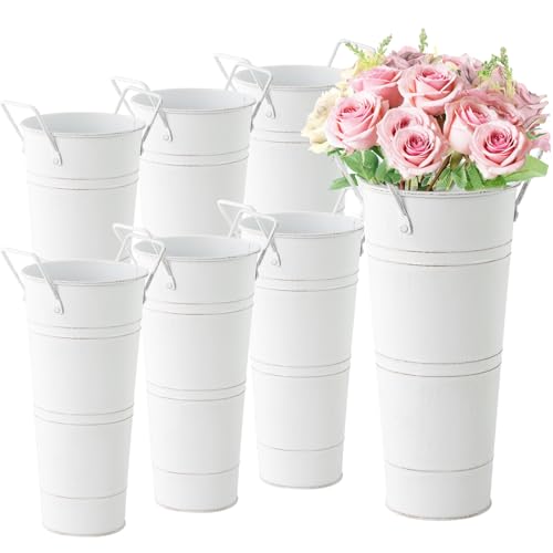 6 Pcs Galvanized Metal Vase Bar, White 10 Inch Flower Bucket and Metal Vase with Pruning Shear,...