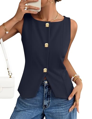 ZESICA Womens Summer Sleeveless Suit Vest 2026 Boat Neck Button Down Formal Vest Tops Casual Trendy Work Blazer Waistcoat Navy Medium