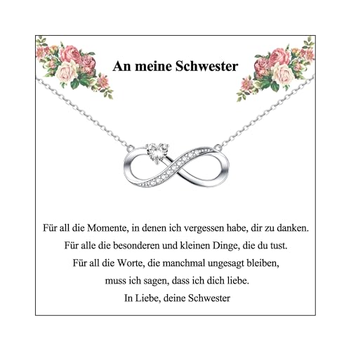 CERSLIMO Geschenke für Schwester Kette Silber 925 Unendlichkeitszeichen, Halskette Infinity Herz Zirkonia Anhänger Geburtstag Geschenk Weihnachten Beste/Kleine/Große Schwester Sisters
