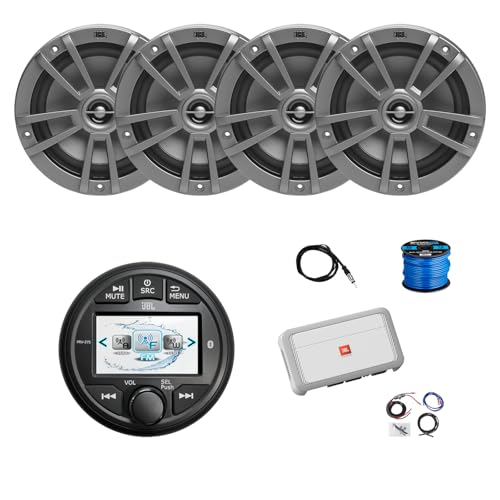 Marine Gauge Style Bluetooth AM/FM/WB Radio, 4X 6.5 180 Watt 2-Way Multi-Element Audio Speakers (Gray), Wire, Antenna, 4-Channel Amplifier w/Kit