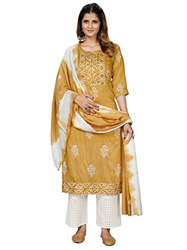Image of Vbuyz Women's Printed & Embroidered Straight Cotton Stitched Kurta With Dupatta