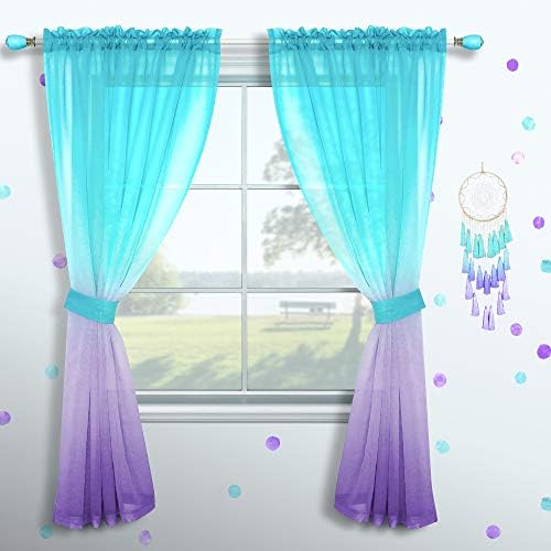Girls Curtains for Bedroom Decor Single Curtain Panel Pole Pocket Window Sheer Drapes Pastel Teal Purple Ombre Curtains for Kids Room Teen Princess Decorations Set Lilac Turquoise 52 x 63 Inch Length