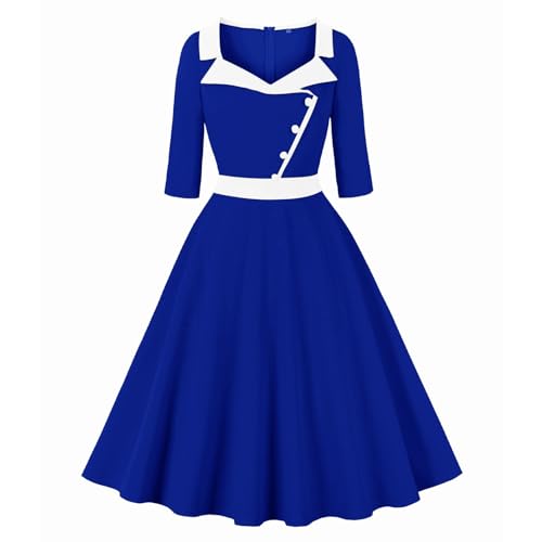 Wellwits Women's Collared Button 3/4 Sleeves 1940s Vintage Work Dress