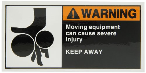 Brady 96159 Etiqueta de seguridad de poliéster autoadhesiva, color naranja/blanco sobre negro, 5 cm de alto x 5 cm de ancho, leyenda 'Moving Equipment Can Cause Severe Lesury Keep Away (W/Picto)' (5 etiquetas por paquete)