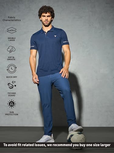 Image of TECHNOSPORT Men's Solid Slim Fit Polo Collar T-Shirt TECHNOCOOL+ Half Sleeve Button Polyester for Gym Running Workout UPF50+ Anti Odour