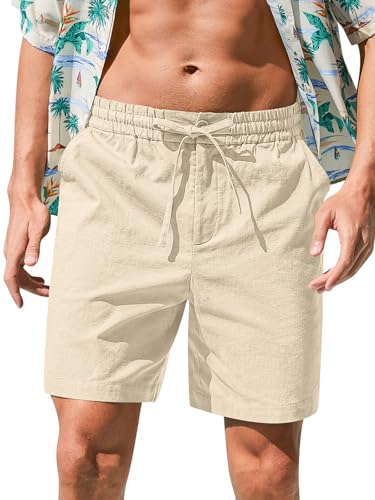 RQP Mens Cotton Linen Shorts Casual Drawstring 7inch Inseam Shorts Stretch Summer Beach Wear - image 1