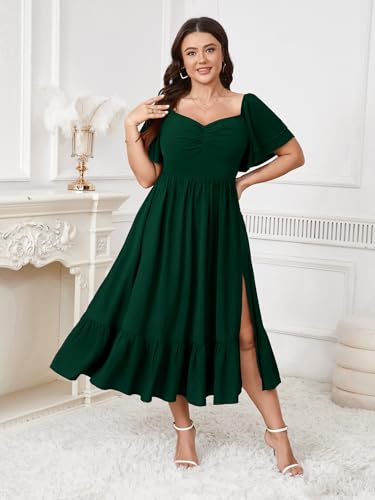 Image of SCOMCHIC Womens Plus Size Wedding Guest Cocktail Dresses Sweetheart Neckline Short Sleeve Smocked Ruffle Slit Maxi Dress