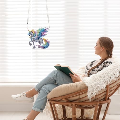 Image of AiYuanzsh Unicorn Horse Diamond Painting Hanging Kit, 5D Special Shaped Rhinestones Acrylic Suncatcher DIY Diamond Art Kit for Adults, Rainbow Wings Ornament for Wall, Window, or Garden Decor