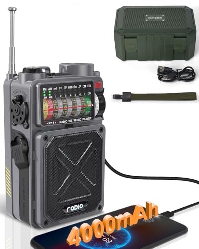 Emgykit R11 Portable Shortwave Radio - 4000mAh/14800mWh NOAA/SW/AM/FM, Solar/Hand Crank/USB Charging, Bluetooth Receiver/USB/TF Playback,with Compass,Flashlight,SOS for Camping & Emergencies - Grey