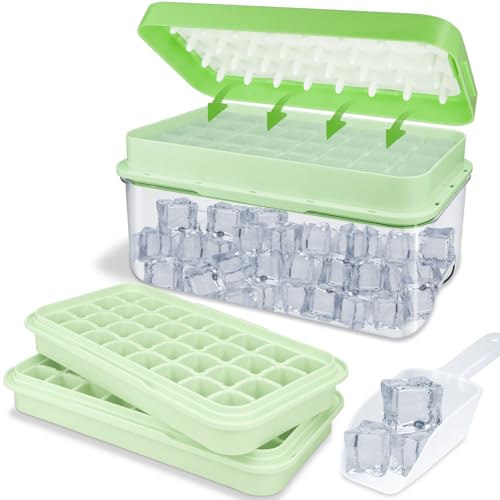 Ice Cube Tray with Lid, Large Square Ice Cube Maker 64 Pcs Ice Cubes with Storage Bin, Easy Release Ice Tray for Cocktail Whiskey, Ice Moulds 2 Trays 1 Ice Bucket & Scoop BPA Free (Green)