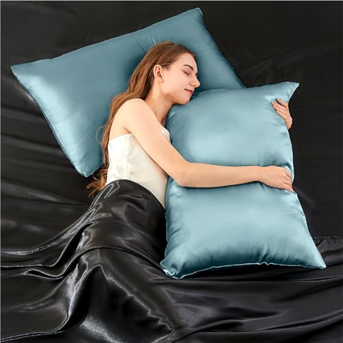 Image of INFIIXSO Silk Pillow Cases 2 Pack Standard Size, Ultra Smooth & Soft Mulberry Silk Pillow Case for Hair and Skin, Breathable Cooling Silk Pillowcase with Hidden Zipper (Haze Blue, 20x26 Inches)