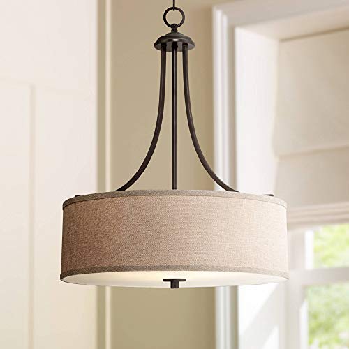 La Pointe Oil Rubbed Bronze Drum Pendant Chandelier 19 1/2" Wide Oatmeal Linen