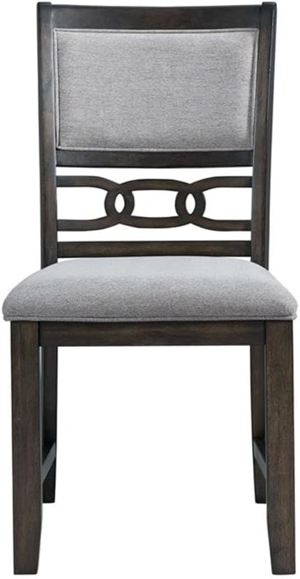 BOWERY HILL Mid-Century Standard Height Side Chairs, Walnut Finish with Gray Upholstered Seat and Back, Chain Link Design, Set of 2, Transitional Style Dining Room Furniture