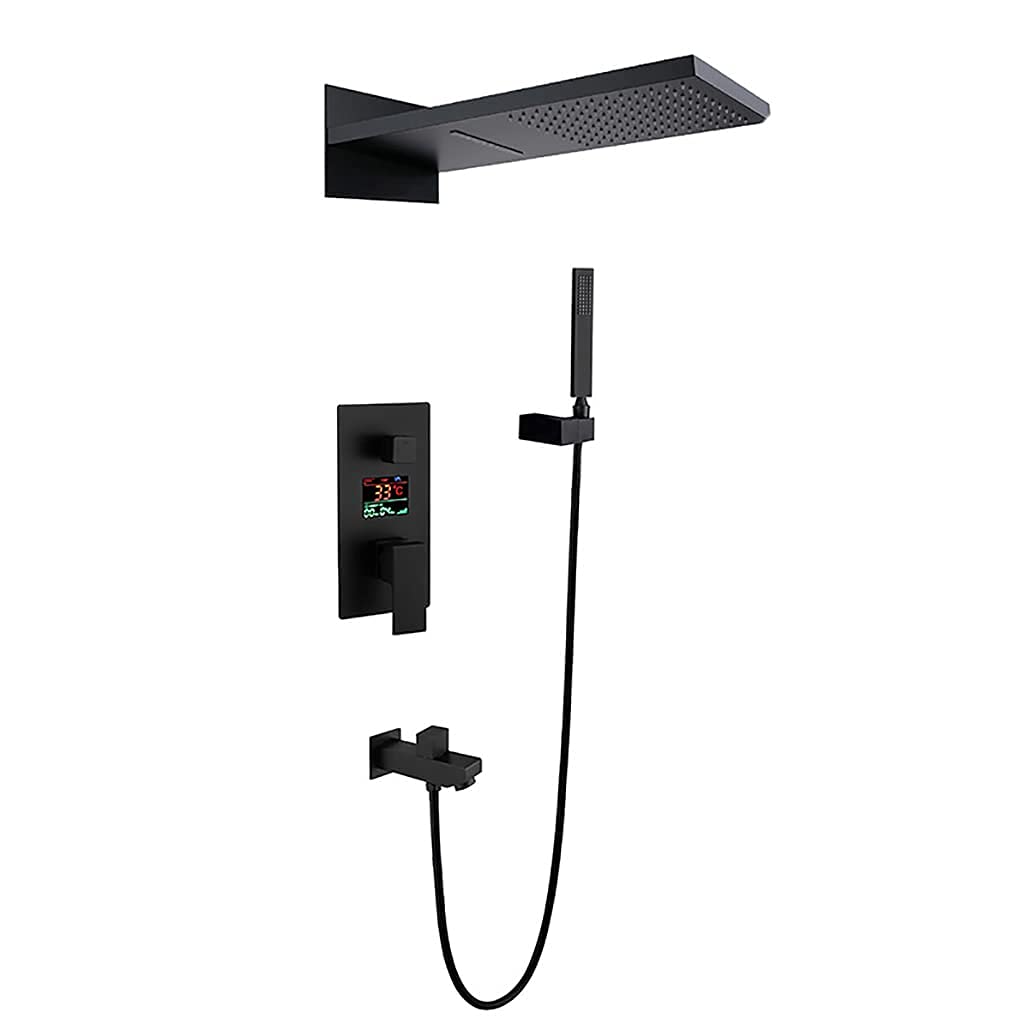 Wyświetlacz cyfrowy montowany na ścianie Black Waterfall Rain Shower 4 Funkcja Styl jesieni deszczu z ręcznymi kranami prysznicowymi i wanny, luksusowy zestaw prysznicowy, B