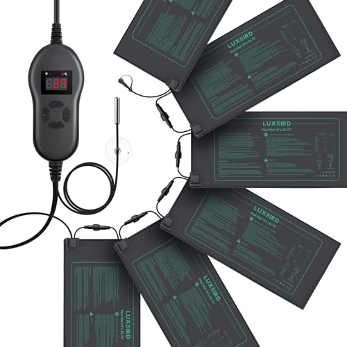 Luxbird Alfombra Térmica con Termostatos para Plantas, 6 Alfombra calefactora con 1 Controlador, 30W, Impermeable IP67, para Germinación Invernaderos y Reptiles, 52,7 x 25,4 cm