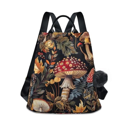 Mochila para mujer de hongos vintage antirrobo bolsa de viaje ligera con pompones
