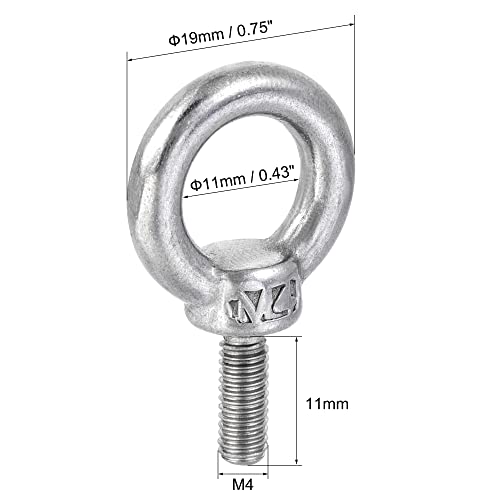 Image of uxcell Lifting Eye Bolt M4 x 11mm Male Thread with Hex Screw Nut for Hanging Securing Chain Wire Rope, 304 Stainless Steel, 6 Sets