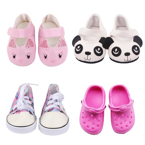 Puppenzubehör Set 4 Paar Puppenschuhe für 35-45cm Puppen mit Pailletten Hasen-Schuhe Panda- Canvas-Schuhe Sandalen Bunte Puppen Schuhe passend zu Puppenkleidung Geschenk für Mädchen