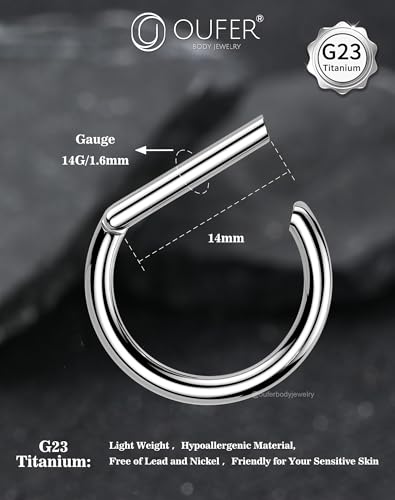 OUFER 2PCS Titanium Nipple Rings, D-shaped Nipple Piercing Jewelry, 14G Clicker Septum Daith Lightweight Body Piercing Jewelry for Women Men 14MM4