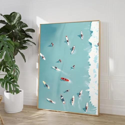Affiche murale salon en toile fille d'été, illustration mer et piscine 60x90cm