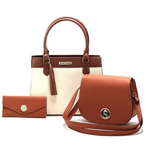 Bolsas Femininas Grande, Pequena e Carteira Santorini Handbag (Marrom/Creme)