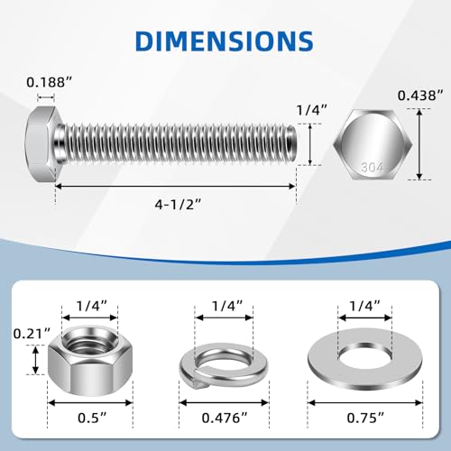 Image of Mellewell 1 /4-20 x 4-1 /2 inch Hex Head Bolts with Hex Nuts and Thick Flat & Lock Washers, Fully Threaded, Stainless Steel 18-8, Plain Finish, 8 Sets