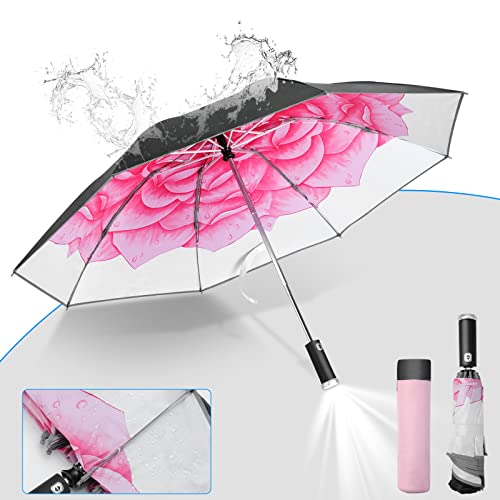 Travel Umbrella Automatic Open & Close Strong Steel Shaft Led Flashlight Handle Safety Reflective Frame Compact Folding Reverse Umbrella Windproof And Waterproof Earth And Flower Print #TOP6