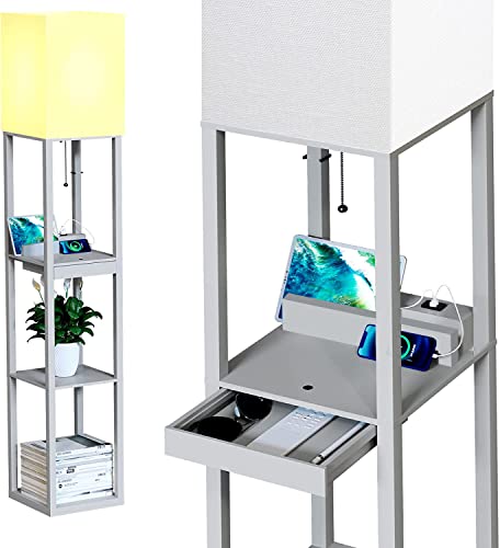 LUMIVISION Floor Lamp with Shelves - Modern Shelf Floor Lamps with Drawer & USB Ports & Power Outlet, Solid Wood Standing Lamp with LED Bulb, Corner Tall Bookshelf Lamp for Living Room Bedroom