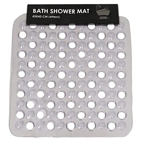 SUL Square Shower Mat Anti Slip,Anti Mould, Machine Washable Bath Mat For Walk In Shower Tray, Bathtub Shower Mats NonSlip Drain Holes Suction Cups,Latex Free Durable Resistant Size43cmx43cm (CLEAR) Cover