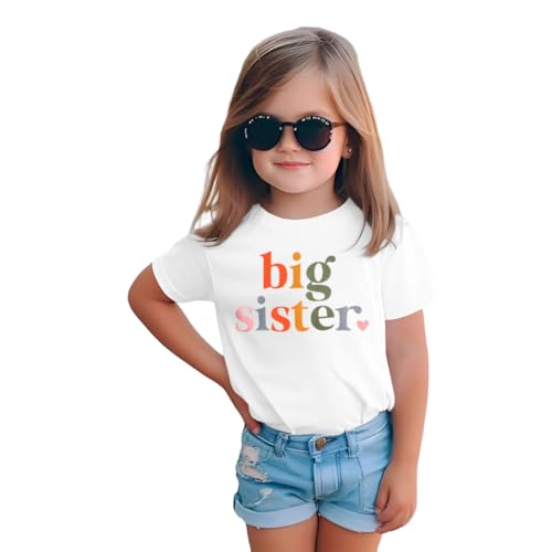 Big Sister T-Shirt Große Schwester Shirt Baby Ankündigung für Mädchen Outfits Sommer Kurzarm Tops Befördert zu Big Sister Tees Süßes Rundhals Tshirt Baumwolle Hemd(Weiß 2-3Jahre)