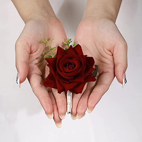 Campsis Wedding Rose Men\'s Boutonniere Wine Red Flowers Buttonholes Floral Suit Decoration for Groom Groomsman Best Man Prom Engagement （Pack of 2） - Thumbnail 3