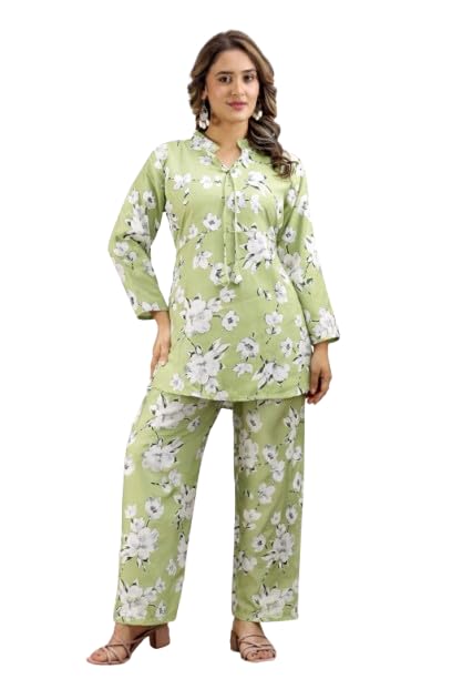 Floral Printed Tunic and Pant Co-Ord Set for Women | Elegant V-Neck Three-Quarter Sleeves Matching Outfit Set | Relaxed Fit Stylish Outfit for Casual Outings-image-12