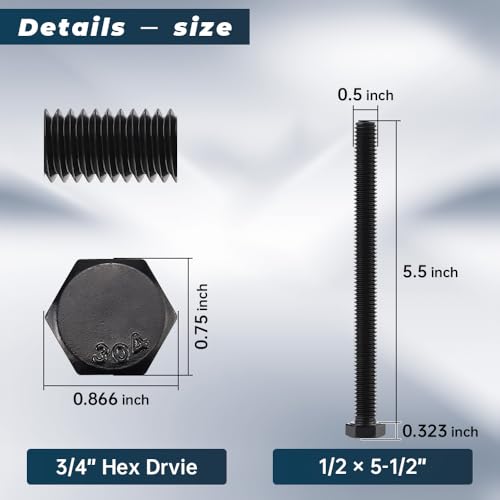 Image of Glvaner 1 /2-13 x 5-1 /2 inch Stainless Steel Hex Head Screws Bolts, Black Coated, 304 Stainless Steel 18-8, Hexagon Head Bolts, Full Thread, 4 pcs