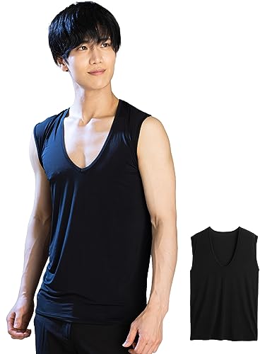 [Duerfusa] メンズ 冷感 インナー 夏 Vネック タンクトップ 1枚組/黒/3L