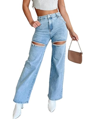 Womens High Waist Ripped Jeans Sexy Pearl Chains Rhinestones Straight Leg Stretch Distressed Denim Pants