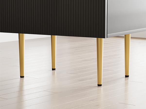 Semiocthome Comodino nero, comodino moderno di metà secolo con 2 cassetti a pannello scanalato a onda, comodino con gambe in metallo dorato, set da
