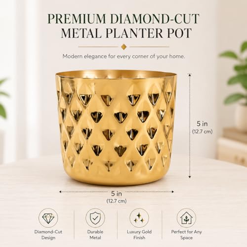 Image of Modern Gold Metal Plant Pot with Diamond Pattern, Decorative Indoor Planter, Tabletop Flowerpot Planter for livingroom Office and Home Decor (5 inch, Gold)