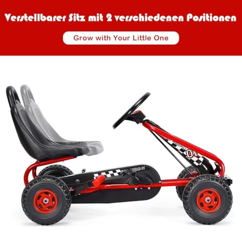FANTASK Gokart mit verstellbarem Sitz, Go Cart mit Handbremse, Tretauto bis 30 kg belastbar, Kinderfahrzeug für Kinder von 3-6 Jahren (Rot) – Bild 3