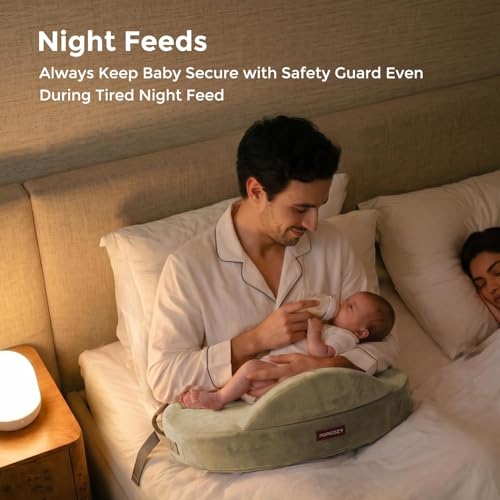 Image of Momcozy Innovative Safety Guard Nursing Pillow - Firm & Springy Memory Foam - Stable, Ergonomic Support & Comfort - Wider Breastfeeding Cushion, Adjustable, Removable Cover, Green