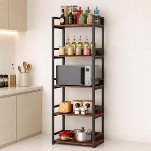 Image of TEKAVO Noxy 5 -Tier Kitchen Organizer Rack|Multipurpose Microwave Stand for Kitchen Platform & OTG Oven|Steel Utensils Storage Shelf with Hooks | Forest Wood, Metal (60x39x166 cm) | DIY