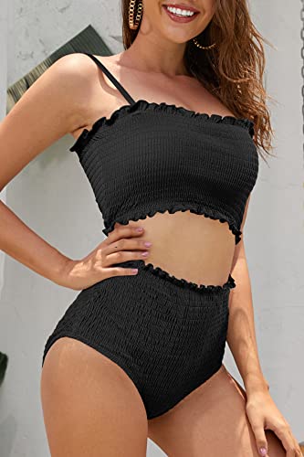 SHEKINI Women's Bikini Sets Shirred Bandeau Bikini Top High Waist Bathing Suit Removable Straps Two Piece Swimsuit4