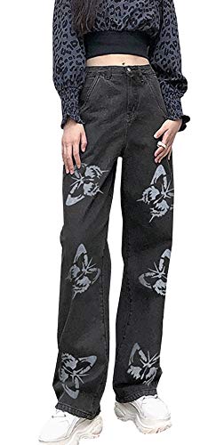 FEOYA Women's Casual Denim Pants High Waisted Wide Leg Jeans Straight Loose Denim Jeans Casual Baggy Trousers Grey Butterfly Print