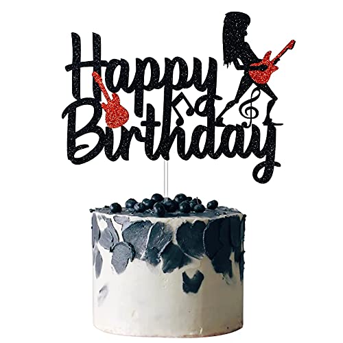 Hakpuotr Guitar Cake Topper For Birthday - Rock And Roll Birthday Cake Topper - Black Glitter Rock Music Cake Topper For Vintage Rock Musical Theme Birthday Party Baby Shower Events Decoration Supplies #TOP4