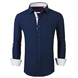 WARHORSEE Mens Dress Shirts Long Sleeve, Regular Fit Stretch Casual Button Down Shirt Men,Navy,L